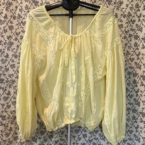 Free People 98% Cotton Yellow Blouse with Embroidered Accents
